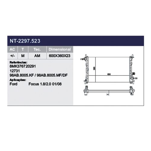Radiador Ford Focus 2001 a 2008 - 198069 - NT2297523/534